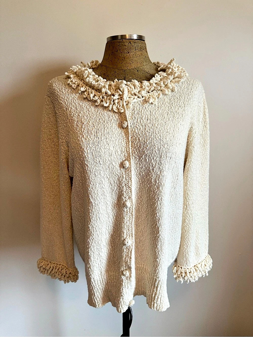 Coldwater Creek Textured Cotton Fringe Cardigan Cream XL Like New